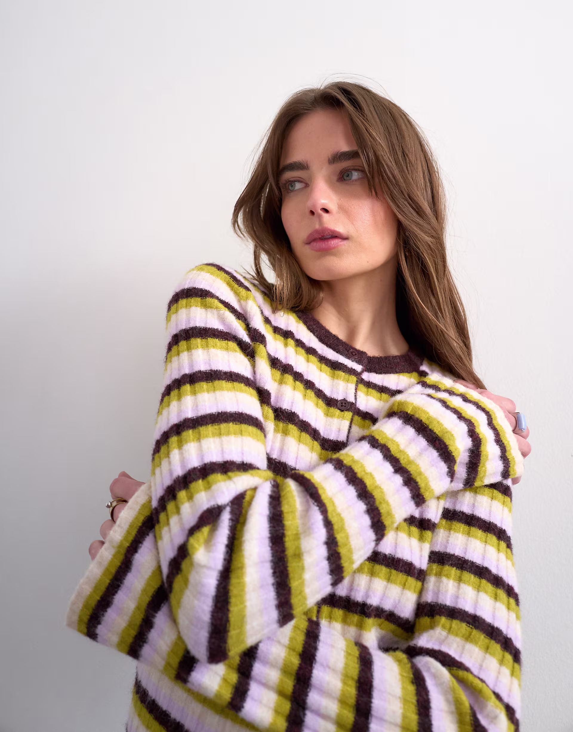 Knitted ribbed stripe button cardigan in multi